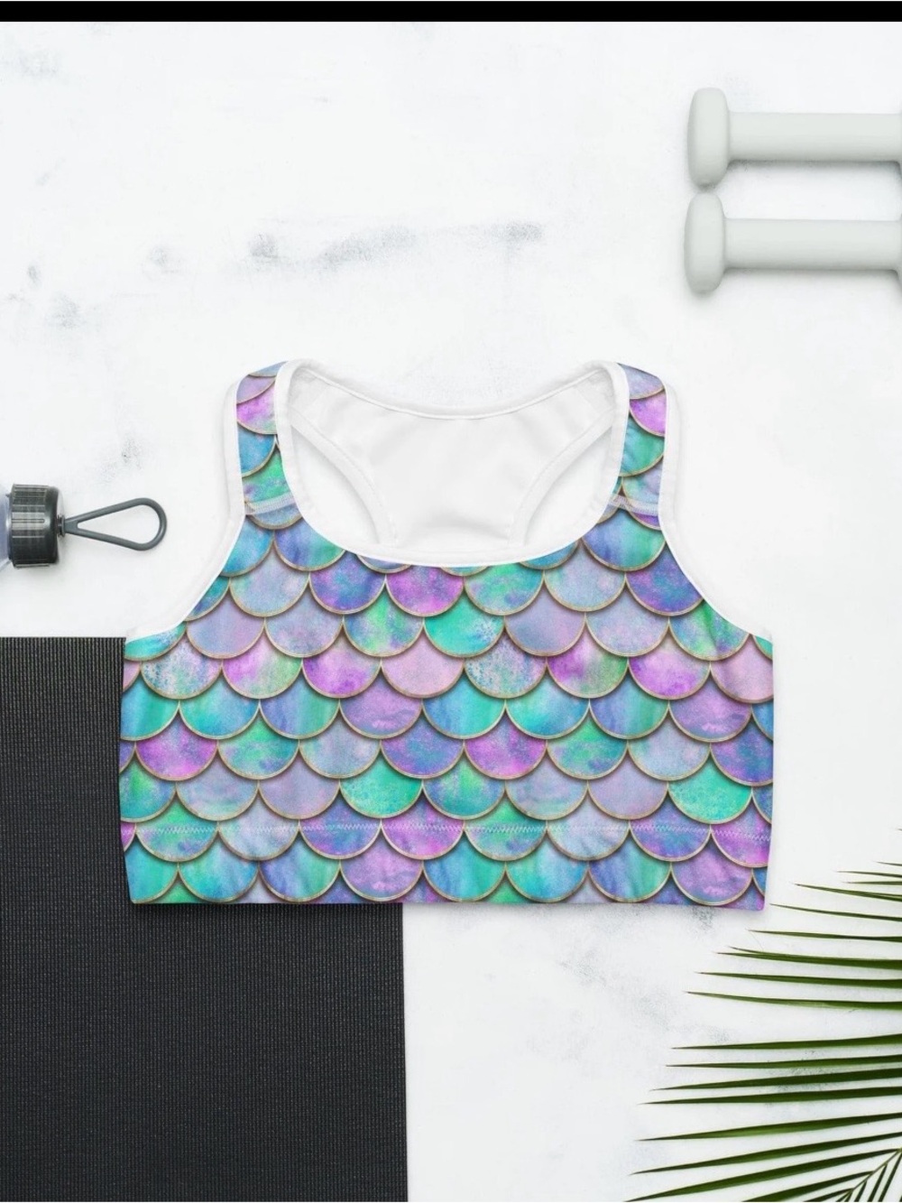 Fierce pulse Mermaid Scale Print Sports Bra in Iridescent Teal & Purple Size M